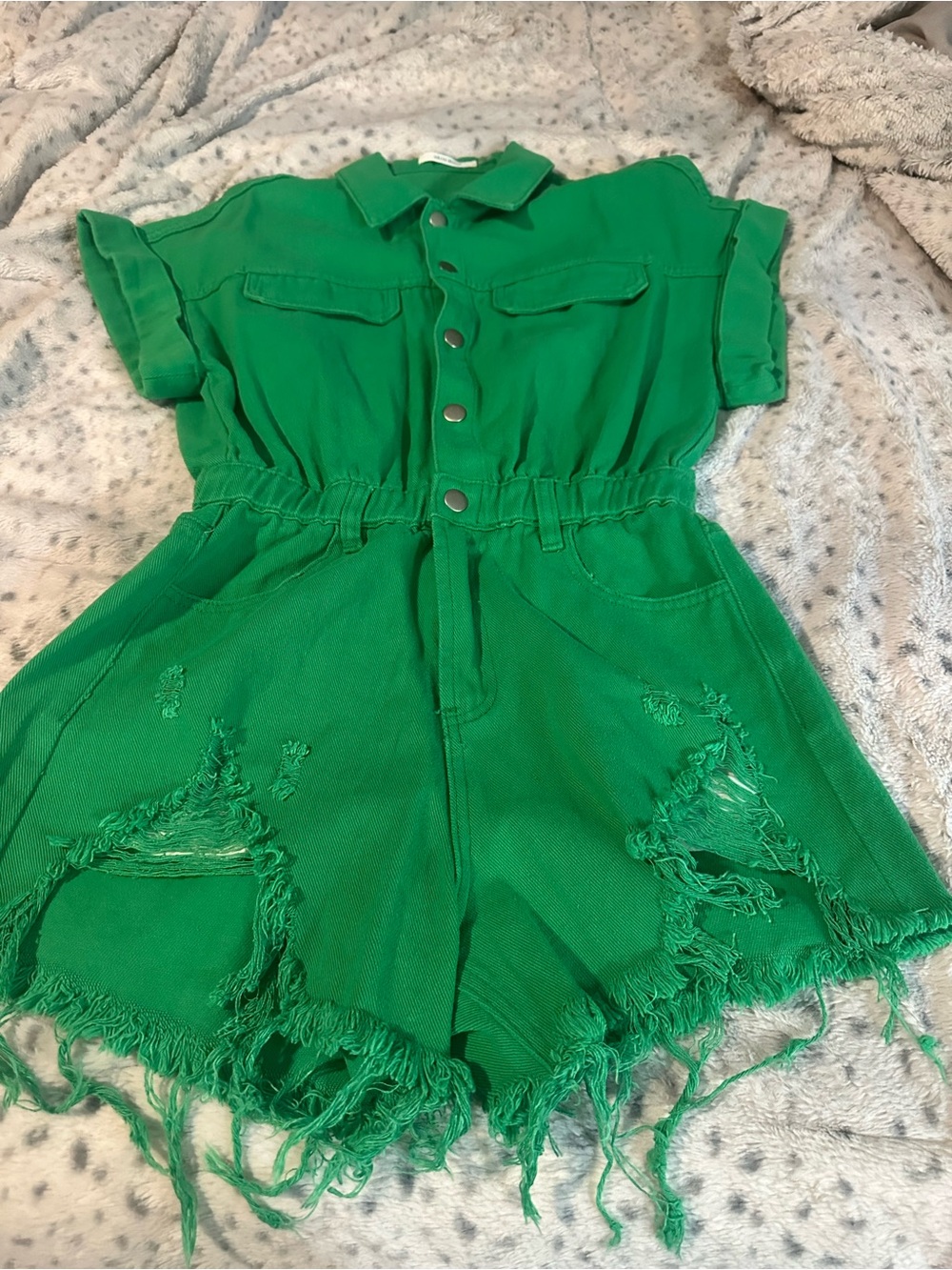 Green Distressed Button-Front Denim Romper